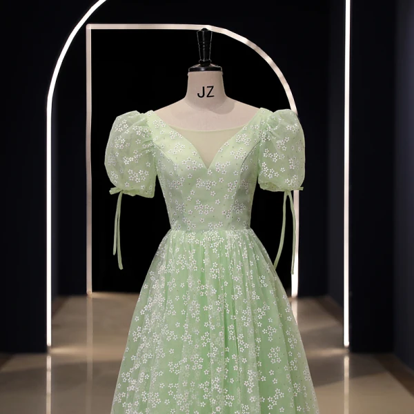 Chic / Beautiful Sage Green Floral Outdoor / Garden Prom Dresses 2023 A-Line / Princess Scoop Neck Short Sleeve Backless Floor-Length / Long Prom Formal Dresses