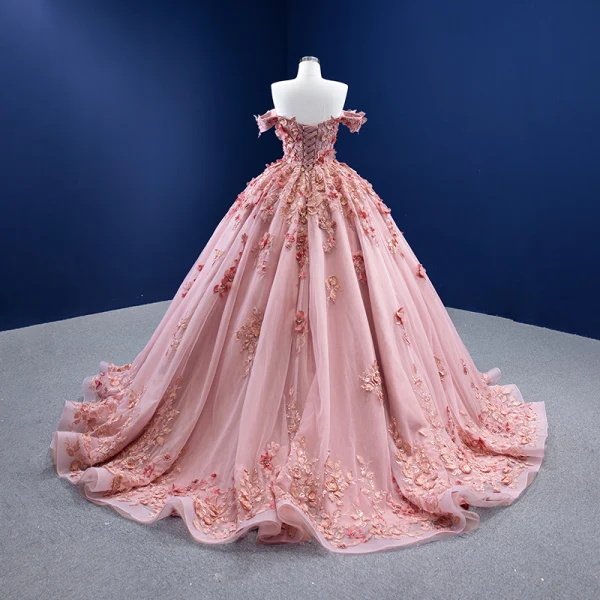 Blumenfee High End Rosa Ballkleider 2022 Ballkleid Off Shoulder Perle Spitze Blumen Applikationen Kurze Ärmel Rückenfreies Hof-Schleppe Festliche Kleider