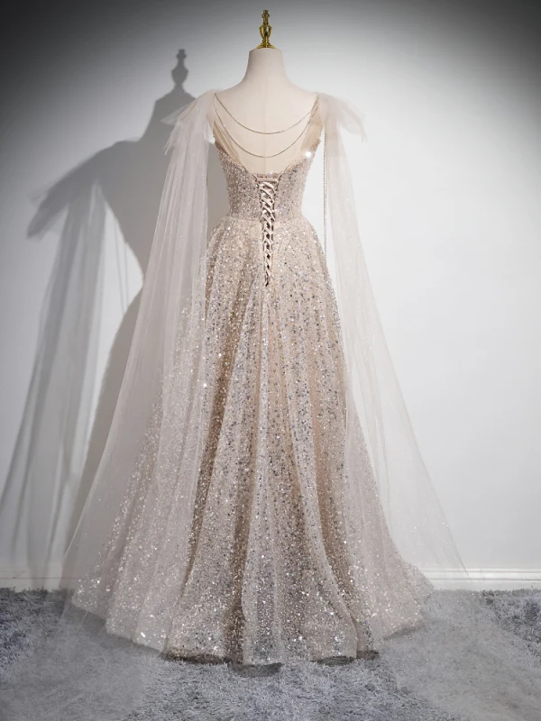 Charming Champagne Beading Sequins Prom Dresses 2024 A-Line / Princess Scoop Neck Short Sleeve Backless Floor-Length / Long Prom Formal Dresses