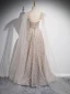 Charming Champagne Beading Sequins Prom Dresses 2024 A-Line / Princess Scoop Neck Short Sleeve Backless Floor-Length / Long Prom Formal Dresses