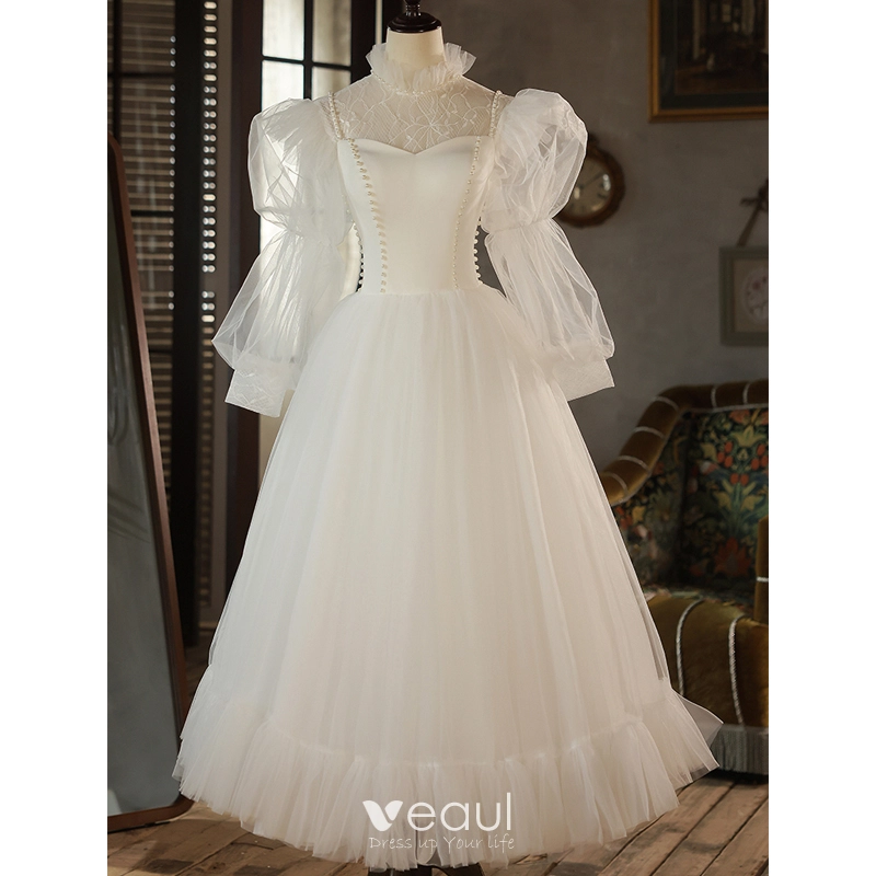 Elegant Ivory Pearl Wedding Dresses 2023 A-Line / Princess High Neck 3/ ...