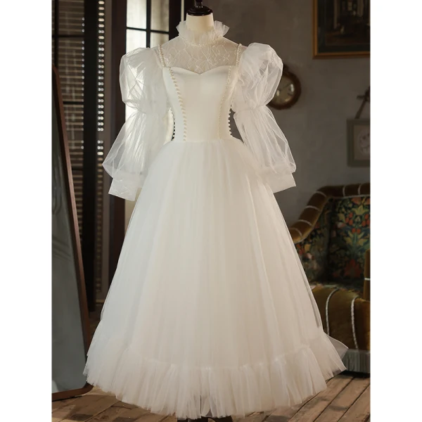Elegant Ivory Pearl Wedding Dresses 2023 A-Line / Princess High Neck 3/4 Sleeve Backless Floor-Length / Long Wedding