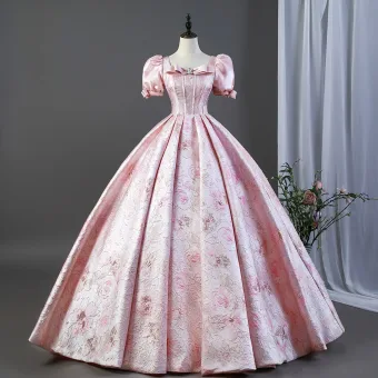 Lovely Blushing Pink Bow Printing Prom Dresses 2026 Ball Gown Square Neckline Puffy Short Sleeve Floor Length Long