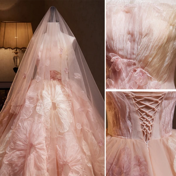 High-end Blushing Pink Flower Prom Dresses 2023 Ball Gown Strapless Sleeveless Backless Court Train Prom Formal Dresses