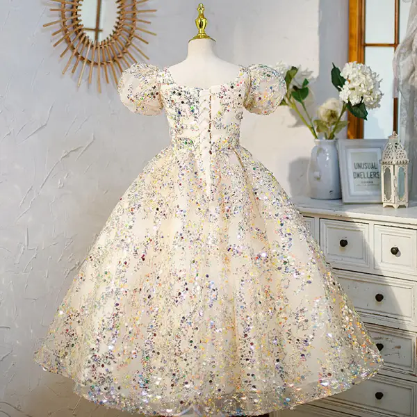 Sparkly Champagne Multi-Colors Sequins Birthday Flower Girl Dresses 2022 Ball Gown Square Neckline Puffy Short Sleeve Backless Floor-Length / Long Flower Girl Dresses
