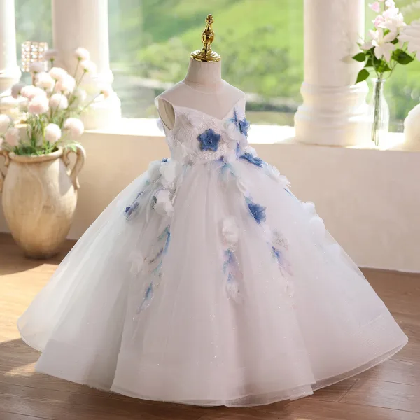 Chic / Beautiful White Beading Pearl Sequins Appliques Birthday Floor-Length / Long Flower Girl Dresses 2025 Ball Gown Scoop Neck Sleeveless Backless