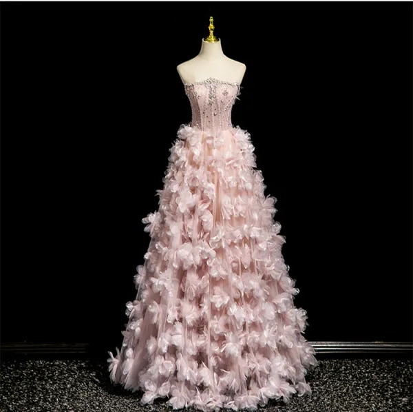Flower Fairy Blushing Pink Handmade Beading Pearl Rhinestone Appliques Prom Dresses 2025 Ball Gown Off-The-Shoulder Short Sleeve Backless Floor-Length / Long Formal Dresses