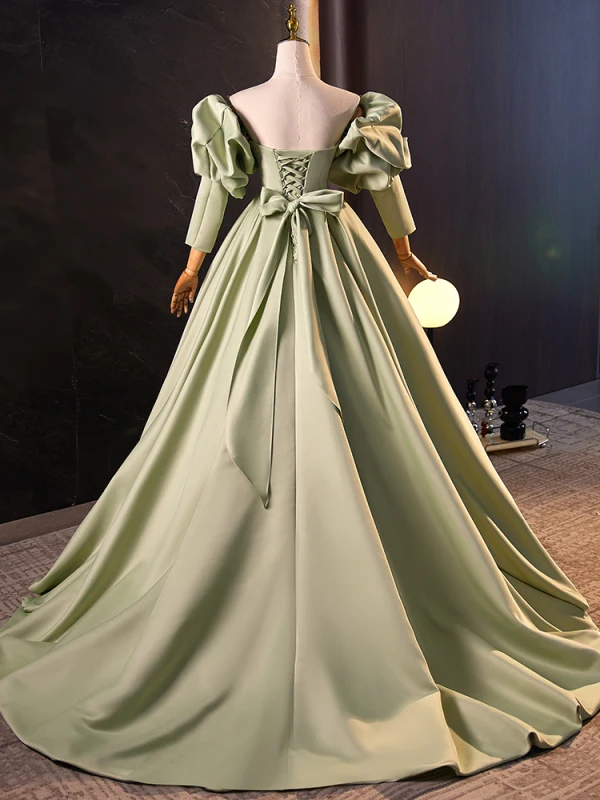 Elegant Sage Green Satin Prom Dresses 2023 Ball Gown Strapless Puffy Short Sleeve Backless Bow Sweep Train Formal Dresses