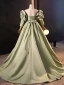 Elegant Sage Green Satin Prom Dresses 2023 Ball Gown Strapless Puffy Short Sleeve Backless Bow Sweep Train Formal Dresses