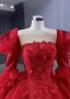 Vintage / Retro High-end Red Beading Lace Flower Appliques Cascading Ruffles Wedding Dresses 2024 Ball Gown Scoop Neck 3/4 Sleeve Backless Chapel Train