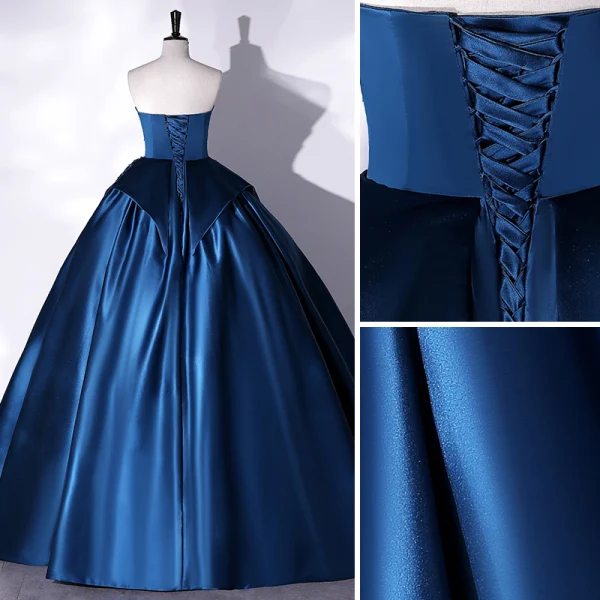 Vintage / Retro Navy Blue Satin Prom Dresses 2022 Ball Gown Strapless Pearl Lace Flower Sleeveless Backless Floor-Length / Long Formal Dresses
