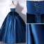 Vintage / Retro Navy Blue Satin Prom Dresses 2022 Ball Gown Strapless Pearl Lace Flower Sleeveless Backless Floor-Length / Long Formal Dresses