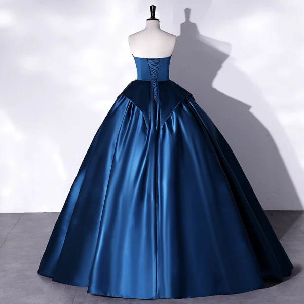 Vintage / Retro Navy Blue Satin Prom Dresses 2022 Ball Gown Strapless Pearl Lace Flower Sleeveless Backless Floor-Length / Long Formal Dresses