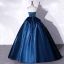 Vintage / Retro Navy Blue Satin Prom Dresses 2022 Ball Gown Strapless Pearl Lace Flower Sleeveless Backless Floor-Length / Long Formal Dresses