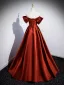 Chic / Beautiful Red Satin Prom Dresses 2023 Ball Gown Off-The-Shoulder Short Sleeve Backless Floor-Length / Long Prom Formal Dresses