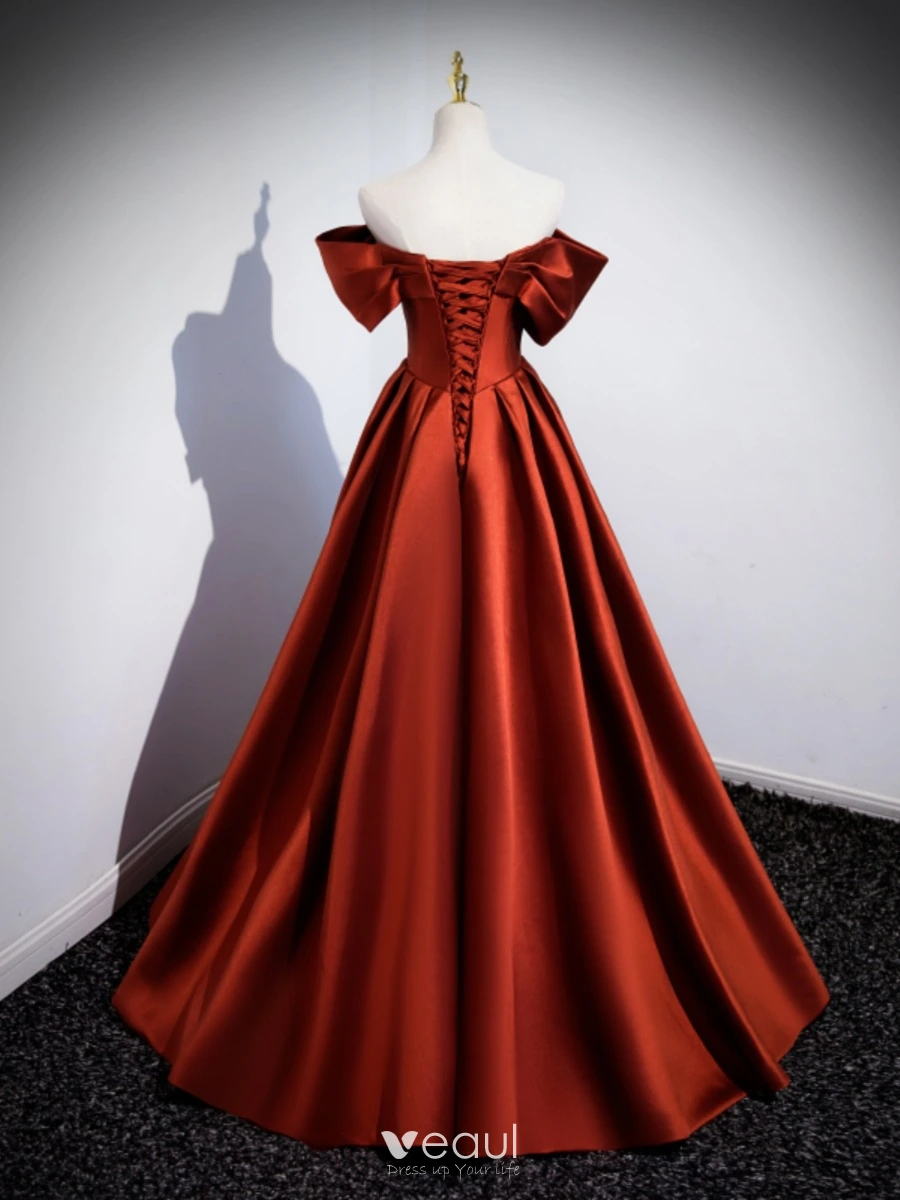 Chic / Beautiful Red Satin Prom Dresses 2023 Ball Gown Off-The-Shoulder  Short Sleeve Backless Floor-Length / Long Prom Formal Dresses