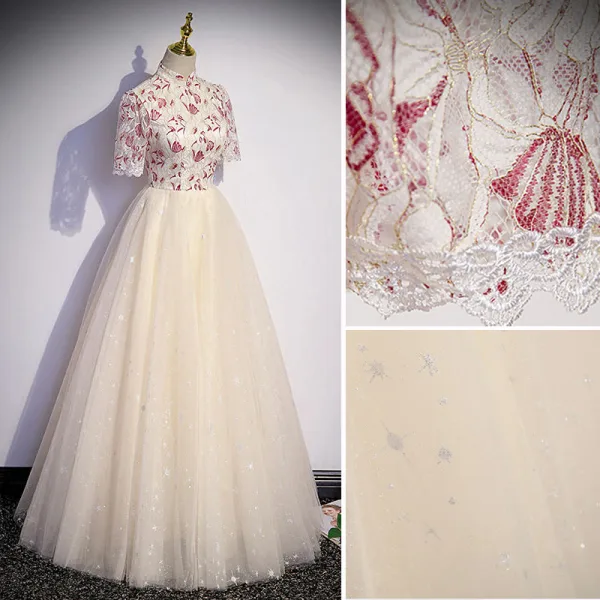 Vintage / Retro Chinese style Champagne Prom Dresses 2022 A-Line / Princess High Neck Star Sequins Lace Flower Short Sleeve Backless Floor-Length / Long Prom Formal Dresses