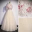 Vintage / Retro Chinese style Champagne Prom Dresses 2022 A-Line / Princess High Neck Star Sequins Lace Flower Short Sleeve Backless Floor-Length / Long Prom Formal Dresses