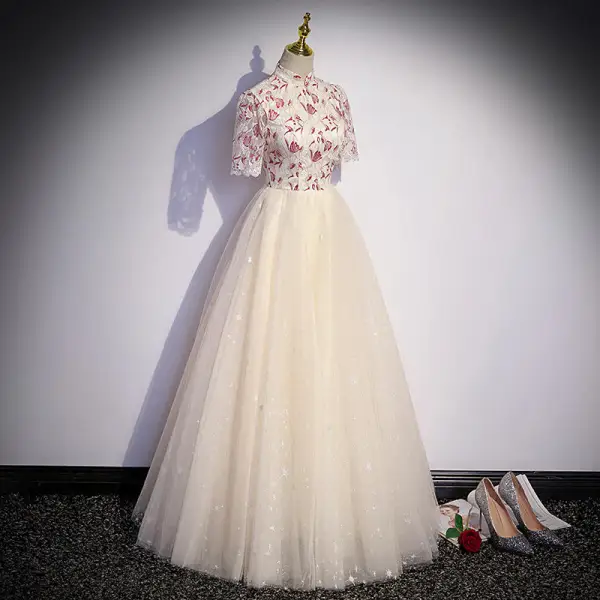 Vintage / Retro Chinese style Champagne Prom Dresses 2022 A-Line / Princess High Neck Star Sequins Lace Flower Short Sleeve Backless Floor-Length / Long Prom Formal Dresses