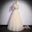 Vintage / Retro Chinese style Champagne Prom Dresses 2022 A-Line / Princess High Neck Star Sequins Lace Flower Short Sleeve Backless Floor-Length / Long Prom Formal Dresses