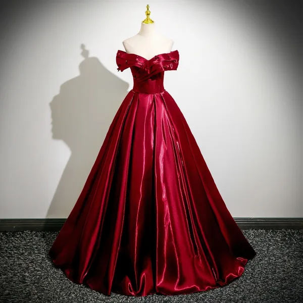 Vintage / Retro Burgundy Appliques Prom Dresses 2025 Ball Gown Off-The-Shoulder Short Sleeve Backless Floor-Length / Long Formal Dresses