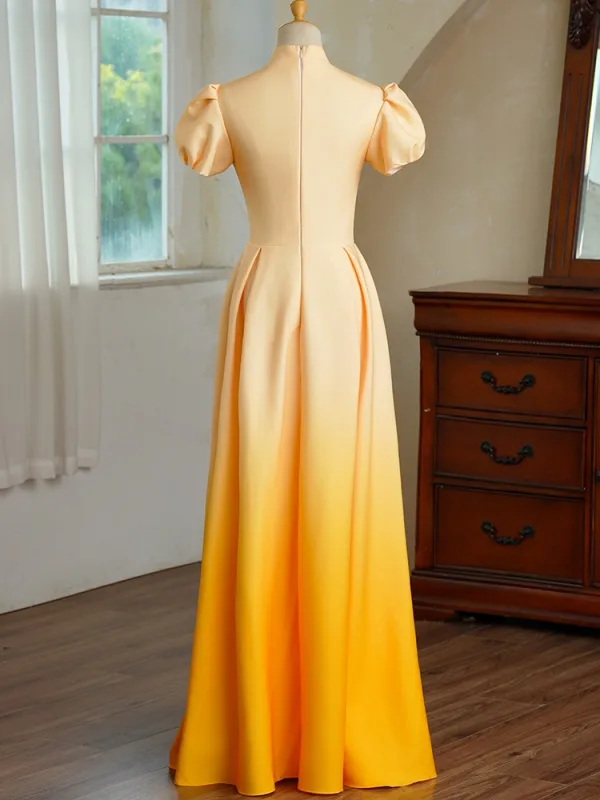 Vintage Farbverlauf Gelb Spitze Blumen Ballkleider 2025 A Linie Stehkragen Kurze Ärmel Lange Ball Festliche Kleider