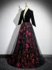 Elegant Black Long Sleeve Prom Dresses 2024 A-Line / Princess Floor-Length / Long Deep V-Neck Flower Crossed Straps Red Carpet Evening Dresses