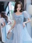 Lovely Sky Blue Star Sequins Evening Dresses 2023 A-Line / Princess Square Neckline Short Sleeve Backless Floor-Length / Long Evening Party Formal Dresses