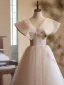 Chic / Beautiful Champagne Prom Dresses 2024 A-Line / Princess V-Neck Bow Sleeveless Backless Floor-Length / Long Prom Formal Dresses
