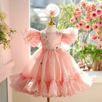 Schöne Rosa Perlenstickerei Pailletten Schleife Geburtstag Blumenmädchenkleider 2025 Ballkleid Rundhalsausschnitt Ärmellos Lange Tülle Blumenmädchenkleider