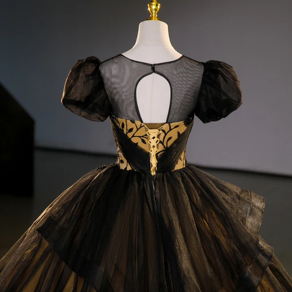 Vintage / Retro Black Beading Sequins Lace Flower Cascading Ruffles Prom Dresses 2023 Ball Gown Scoop Neck Puffy Short Sleeve Backless Floor-Length / Long Prom