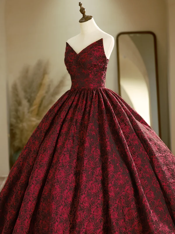 Schöne Burgunderrot Rose Drucken Ballkleider 2024 Ballkleid Bandeau Ärmellos Rückenfreies Lange Ball Festliche Kleider