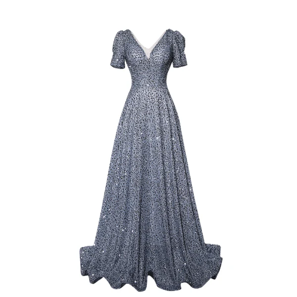 Sparkly Silver Grey Sequins Prom Dresses 2022 A-Line / Princess V-Neck Short Sleeve Backless Floor-Length / Long Prom Formal Dresses