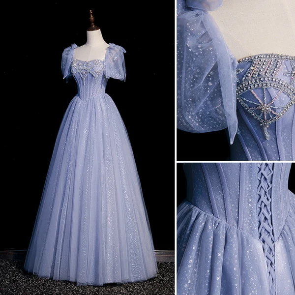 Chic / Beautiful Lavender Beading Sequins Prom Dresses 2023 A-Line / Princess Square Neckline Short Sleeve Bow Backless Floor-Length / Long Prom Formal Dresses
