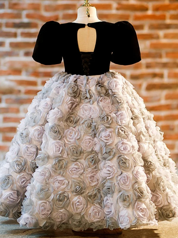 Fashion Black Appliques Birthday Flower Girl Dresses 2024 Ball Gown Scoop Neck Puffy Short Sleeve Floor-Length / Long