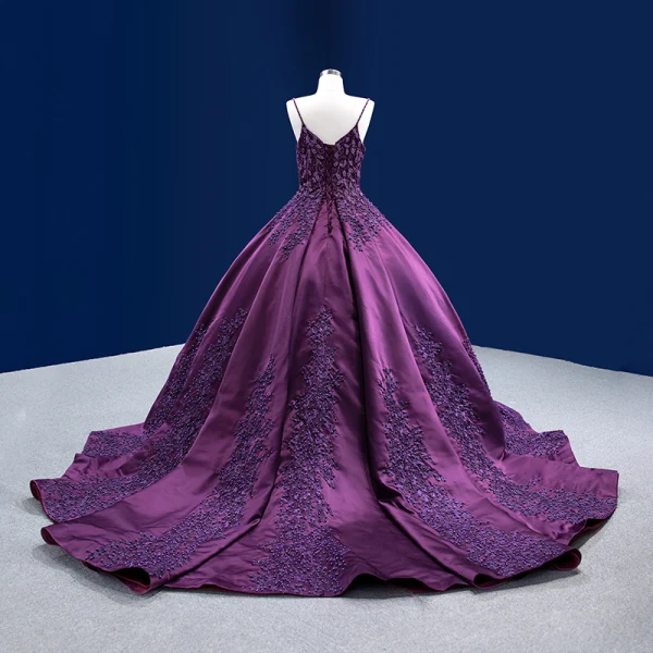 Vintage / Retro High-end Purple Beading Flower Lace Prom Dresses 2022 Ball Gown Spaghetti Straps Sleeveless Backless Court Train Prom Formal Dresses