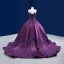 Vintage / Retro High-end Purple Beading Flower Lace Prom Dresses 2022 Ball Gown Spaghetti Straps Sleeveless Backless Court Train Prom Formal Dresses