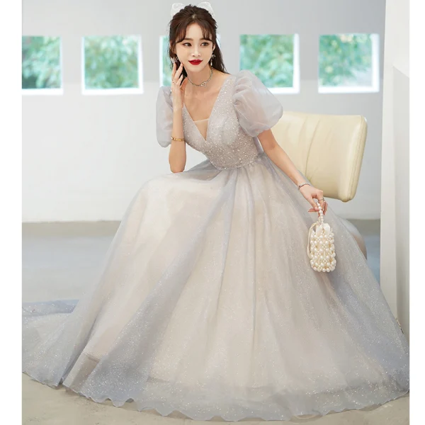 Chic / Belle Gris Paillettes Robe De Bal 2022 Princesse V-Cou Manches Courtes Dos Nu Longue Promo Robe De Ceremonie