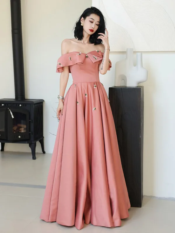 Classy Watermelon Satin Prom Dresses 2024 A-Line Princess Off-The-Shoulder Short Sleeve