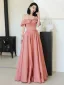 Classy Watermelon Satin Prom Dresses 2024 A-Line / Princess Off-The-Shoulder Short Sleeve Backless Floor-Length / Long Prom Formal Dresses