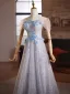 Sparkly Grey Beading Appliques Sequins Prom Dresses 2025 A-Line / Princess Off-The-Shoulder Short Sleeve Backless Floor-Length / Long Formal Dresses