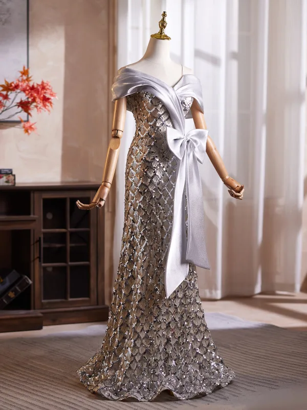 Scintillantes Argenté Noeud Paillettes Robe De Bal 2026 Trompette / Sirène De l'épaule Manches Courtes Dos Nu Longue Robe De Ceremonie