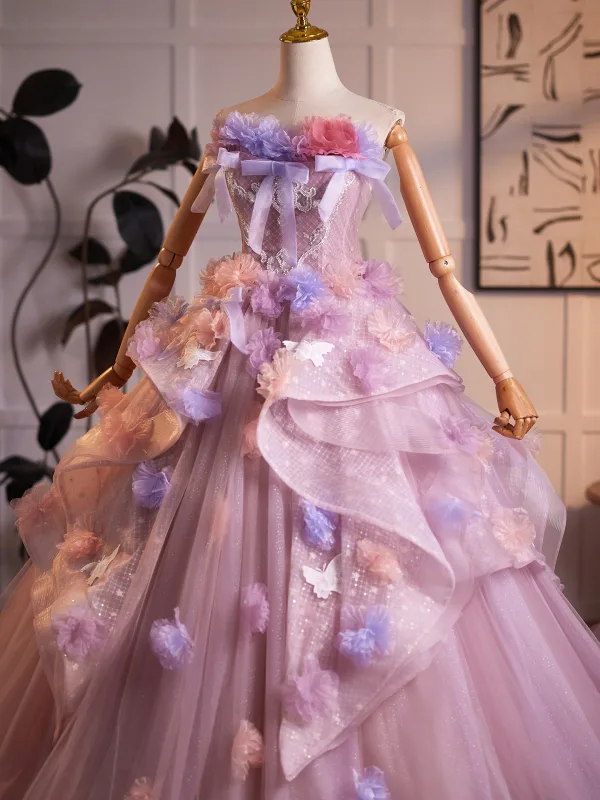 Blumenfee High End Rosa Spitze Schmetterling Applikationen Pailletten Ballkleider 2026 Ballkleid Eckiger Ausschnitt Ärmellos Rückenfreies Lange Festliche Kleider