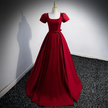 Elegant Burgundy Satin Prom Dresses 2022 A Line Princess U Neck Short Sleeve Backless Bow Sash Floor Length Long Formal Dresses