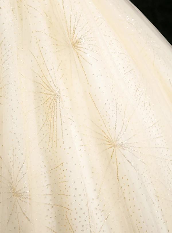 Elegant Champagne Glitter Prom Dresses 2024 Ball Gown Square Neckline Bow Puffy Short Sleeve Backless Floor-Length / Long Prom Formal Dresses