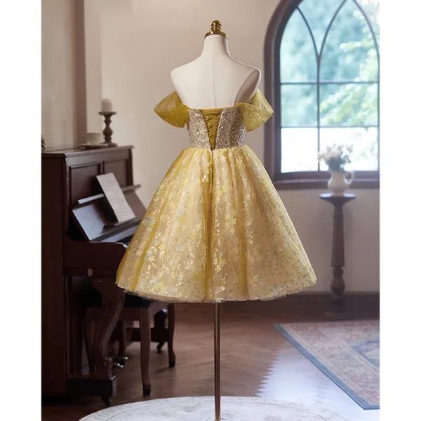 Flower Fairy Champagne Appliques Sequins Short Homecoming Graduation Dresses 2024 Ball Gown Off-The-Shoulder Short Sleeve Backless Tulle