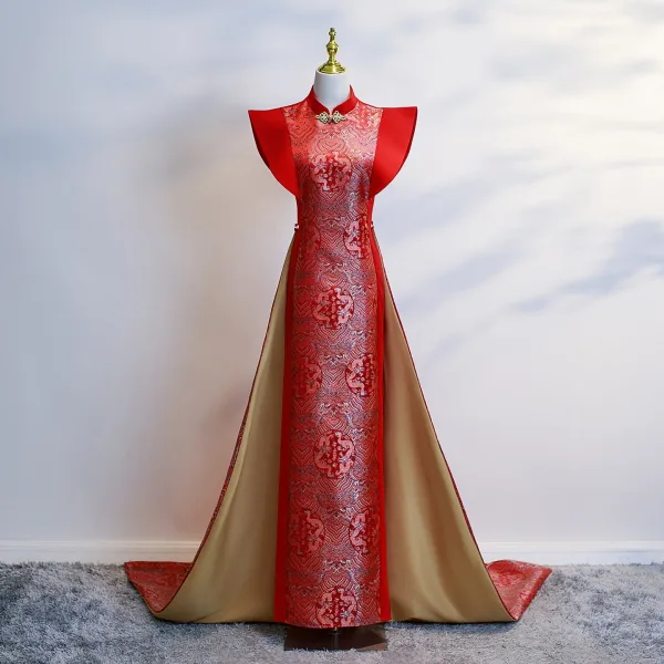 Chinese style Yellow Evening Party Floor-Length / Long Cheongsam 2025 Trumpet / Mermaid High Neck Sleeveless