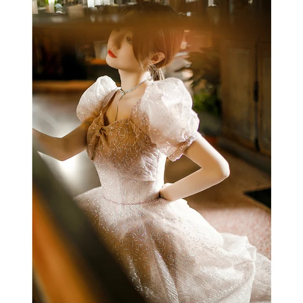 Charmant Rougissant Rose Paillettes Robe De Bal 2022 Princesse Encolure Carrée Gonflée Manches Courtes Dos Nu Longue Promo Robe De Ceremonie