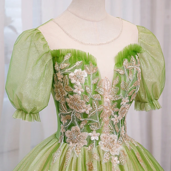 Elegant Sage Green Glitter Beading Sequins Prom Dresses 2023 Ball Gown Scoop Neck Puffy Short Sleeve Floor-Length / Long Prom Formal Dresses