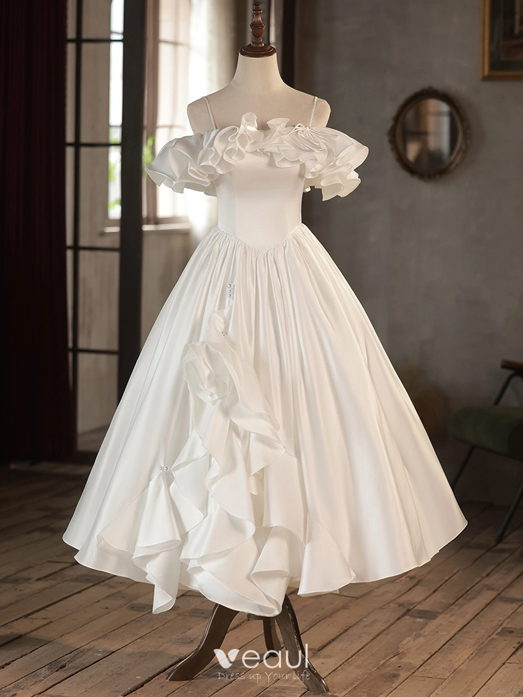 Vintage Retro Ivory Satin Wedding Dresses 2024 A Line Princess Ruffle  Spaghetti Straps Short Sleeve Backless Floor Length Long Wedding